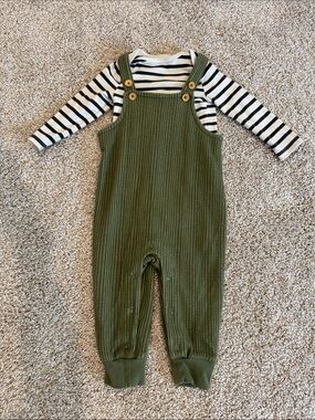 Cat & Jack Olive Green Ribbed Knit Overalls with Striped Bodysuit